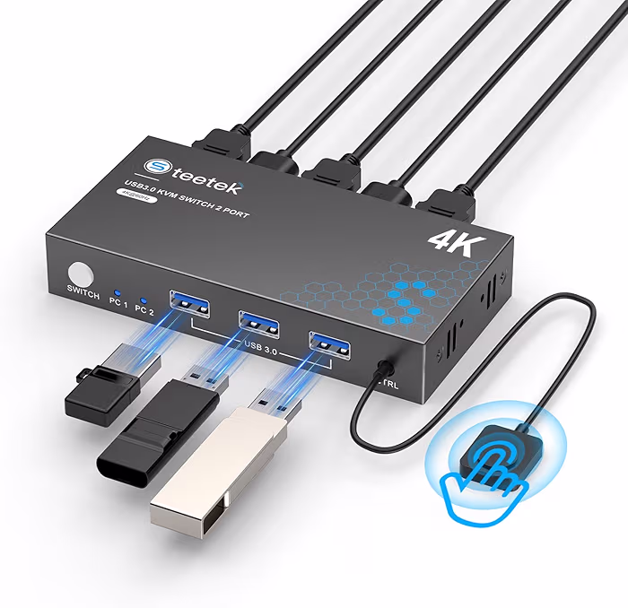 USB 3.0 HDMI KVM Switch for 2 Computers 1 Monitor, 4K@60Hz, Share Keyboard Mouse Printer, EDID, Remote Switch, USB Cables Included
